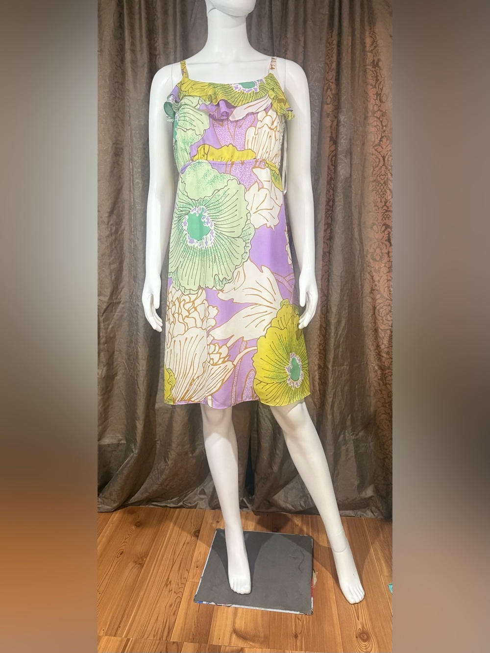 Maeve Lavender Floral Midi Dress with Green and Yellow Accents